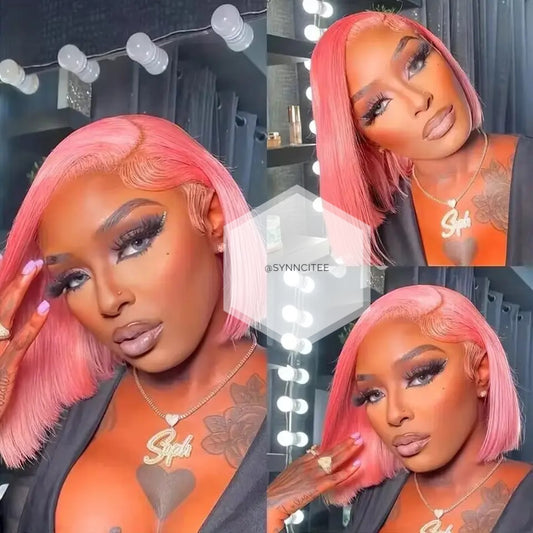 13x4 Lace Frontal Wigs Remy Lace Bob Wigs Rose pink